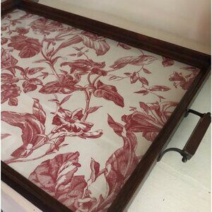 Wood Frame Antique Vintage Glass Serving Tray Red Flower Pattern Print